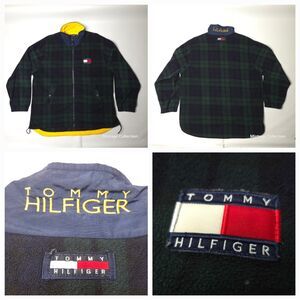 VINTAGE TOMMY HILFIGER GREEN PLAID TARTAN CHECKERED FULL ZIP FLEECE JACKET Sz XL
